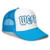 AC/DC style WCAG trucker hat white and blue side view