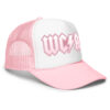 AC/DC style WCAG trucker hat white and pink side view